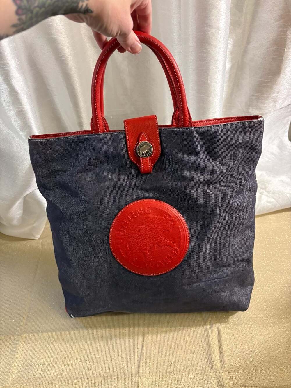 Hunting World Denim and Red Leather Tote Bag